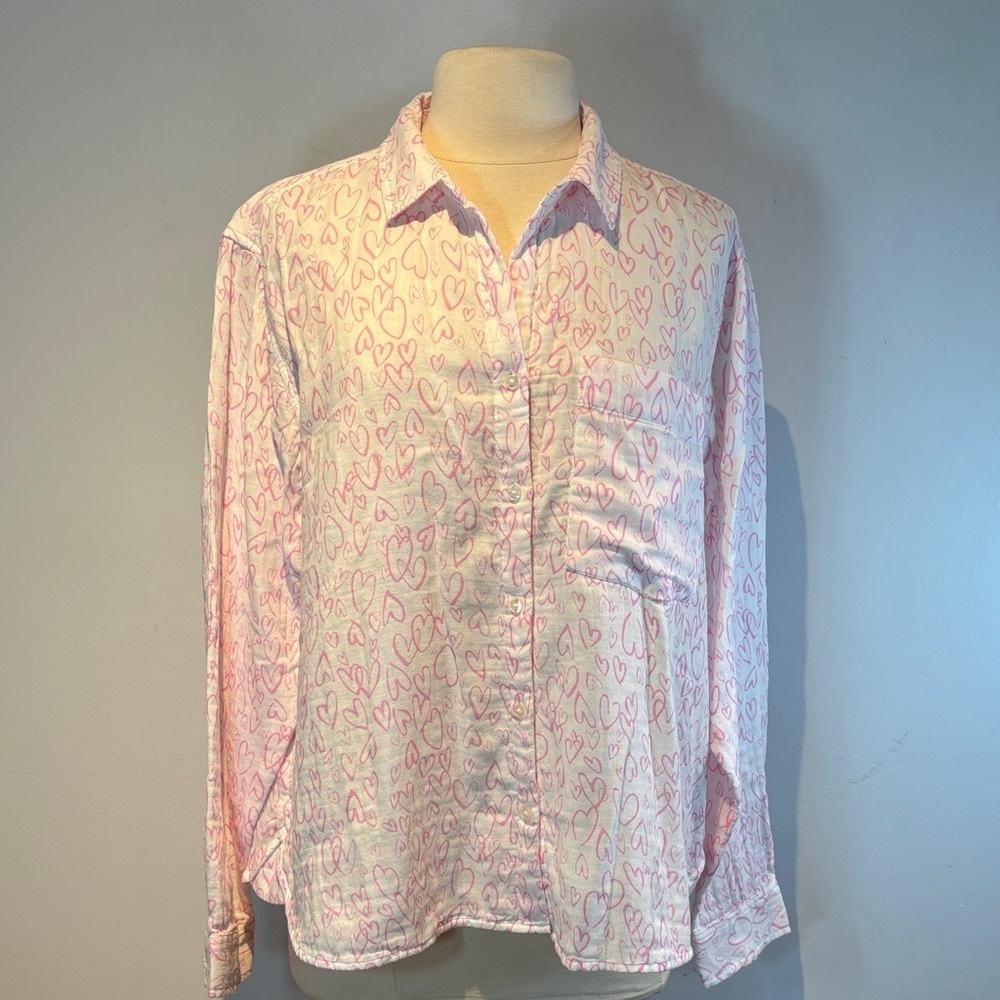 Beachlunchlounge Pink Heart Pattern Button-Up Shirt 100% cotton size XL NWT